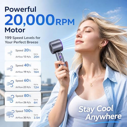Portable Handheld Fan with Ice Cooling Personal Rechargeable Mini Neck Fan | 199-Speed 20000RPM 4000mAh Battery Powered up to 15hrs, LED Display Foldable & Hangable for Travel, Camping & Outdoor, Purple - color: Gray-Purple
