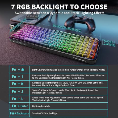 FOPETT Wireless Computer Keyboard with RGB Backlit, Tri-Mode Bluetooth 5.0/USB-C/2.4GHz Ergonomic Gaming Keyboard - Full-Size Rechargeable Transparent Keycap for Laptop/Windows/PC - Black - color: 732 Black