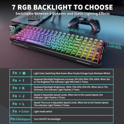 Wireless Computer Keyboard with RGB Backlit, Tri-Mode Bluetooth 5.0/USB-C/2.4GHz Ergonomic Gaming Keyboard - Full-Size Rechargeable Transparent Keycap for Laptop/Windows/PC - Black - color: 732 Black