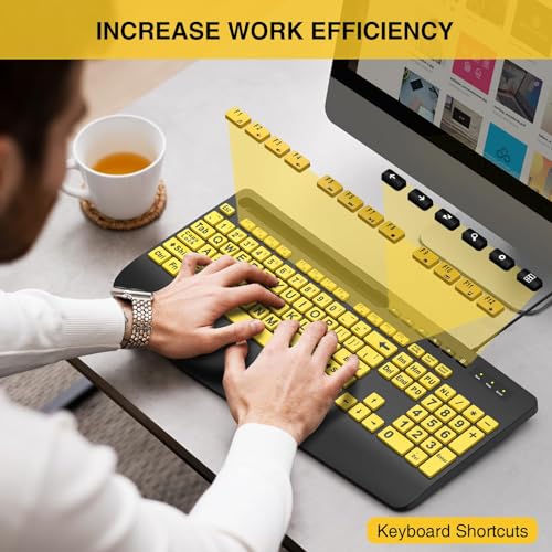 SABLUTE Large Print Keyboard Wired Computer Keyboards with Wrist Rest, Phone Holder, Big Letters Easy to Read Compatible Windows, Desktop, Laptop, Yellow - color: Yellow&Black