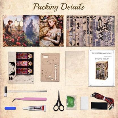 MiniCity Book Nook Kit - DIY Miniature House 3D Wooden Puzzle for Adult and Teens, Booknook Bookshelf Decor Scale Model Build with LED Light, Gifts for Family and Friends (Sleeping Beauty) | 7.1 x 4.3 x 9.1 in; 210 pieces, LED and dust cover; glue/tools a