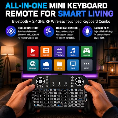 Mini Wireless Keyboard with Touchpad, Bluetooth + 2.4GHz RF Remote Control, 7-Color Backlit Rechargeable Keyboard for Smart TV, Android TV Box, Fire Stick, PC, Laptop, HTPC, Raspberry Pi & Tablet
