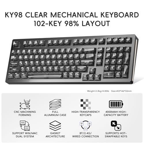 kutethy KY98 Wireless Mechanical Keyboard with Transparent Keycaps,Full Aluminum CNC,Hot-swappable,Pre-lubed Clicky Switches,Gasket Structure,RGB Backlit,BT5.0/2.4G/USB-C Wired (Black) - color: Black