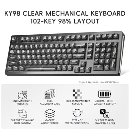 kutethy KY98 Wireless Mechanical Keyboard with Transparent Keycaps,Full Aluminum CNC,Hot-swappable,Pre-lubed Clicky Switches,Gasket Structure,RGB Backlit,BT5.0/2.4G/USB-C Wired (Black) - color: Black