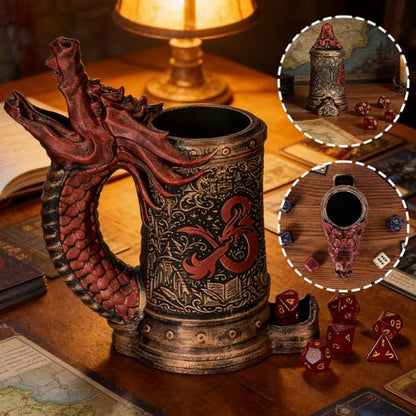 Dice Tower Mug DND Dice Rolling Tower with 7 PCS Dice Set | Red Dragon Dice Tower Suitable for Dungeons And Dragons, Tabletop Games, Available As Drink Holder, RPG Gifts. - color: Red Dragon