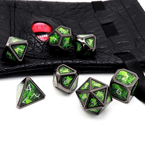 Haxtec Metal Dice Set D&D Acid Splash Real Scene Black Green Polyhedral DND Dice W/PU Leather Dragon Eye Dice Bag for TTRPG Compatible with Dungeons and Dragons Gifts - color: Green