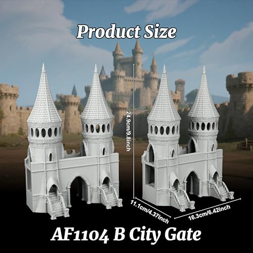 Gothic RPG Terrain Set for Dungeon Masters & Wargame, Modular Grand Fortress Entrance for TTRPG - 25mm Scale Unpainted Stone Archway & Defense Towers - City Gate (AF1104 B) - color: Af1104 B City Gate
