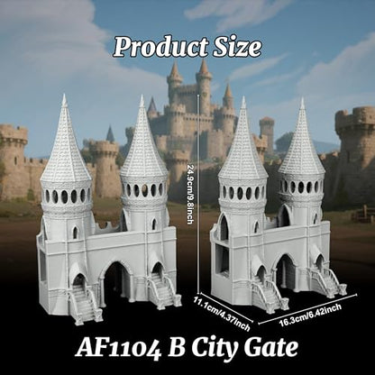 Gothic RPG Terrain Set for Dungeon Masters & Wargame, Modular Grand Fortress Entrance for TTRPG - 25mm Scale Unpainted Stone Archway & Defense Towers - City Gate (AF1104 B) - color: Af1104 B City Gate