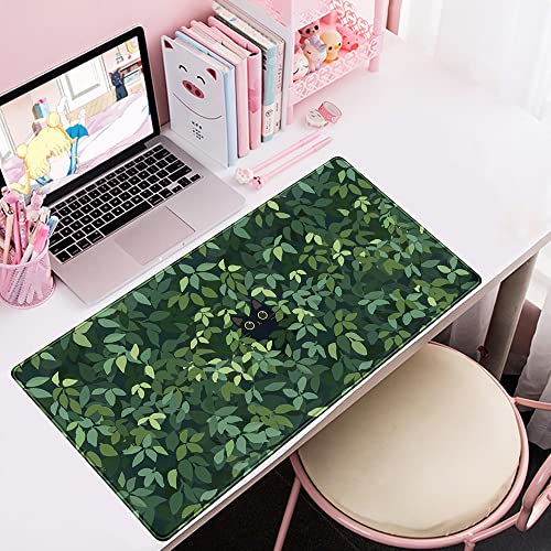 Cute Cat Desk Mat Kawaii Green Desk Pad - Large Gaming Mouse Pad Laptop Mat | Desk Pad Large Anime Gaming Mouse Pad for Desk Computer Office Keyboard Laptop 31.5x15.7 in - Non-Slip Base, Stitched Edges - color: Green Plants Black Cat