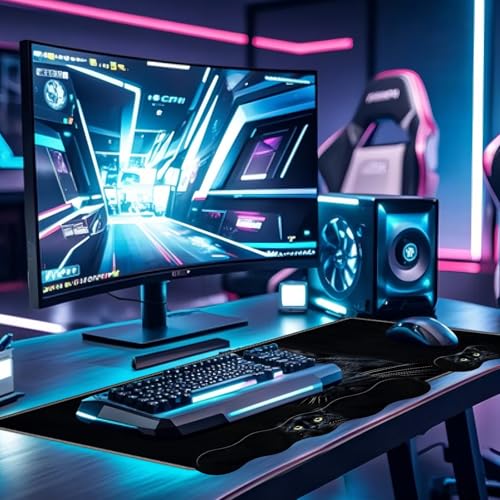 Large Gaming Mouse Pad Set with Wrist Support – 31.5" x 11.8" 4-in-1 XXL Mousepad with Keyboard Wrist Rest, Mouse Wrist Rest & Coaster – Ergonomic Desk Mat for Office, Home – Black Cat - color: Black Cat