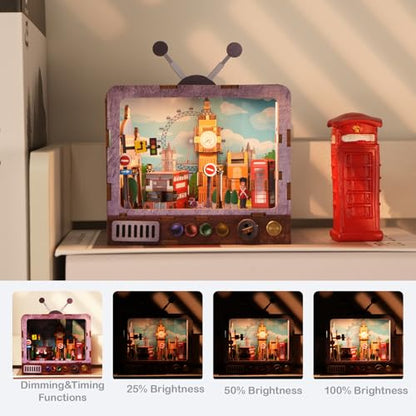 London Streets 3D Wooden Puzzle with LED Lights, DIY Craft Model Kit for Adults & Kids, Fun & Educational Building Set and Creative Home Decor Gift - style: London Streets