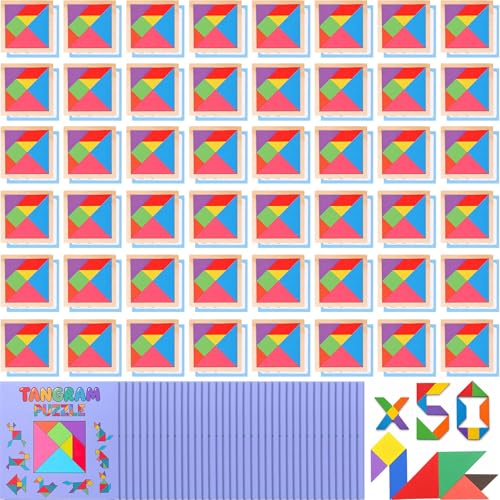 Dunzoom 50 Pack Wooden Tangram Puzzle for Kids, Bulk Party Favors and Classroom Rewards, Stem Learning Jigsaw Games, Educational Brain Teaser Toys, Goodie Stuffers for Ages 4-8 (Pastel Pink Purple) - color: Pastel Pink Purple