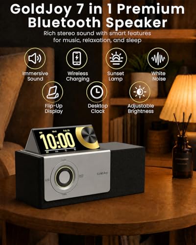 GoldJoy 7 in 1 Bluetooth Speaker Wireless Charging Station for Home Gift | Sound with Punchy Bass, Sunset Lamp & White Noise for Sleep, Smart Flip-Up LCD Display, Clock Syncs Phone's Time and Date - color: Black
