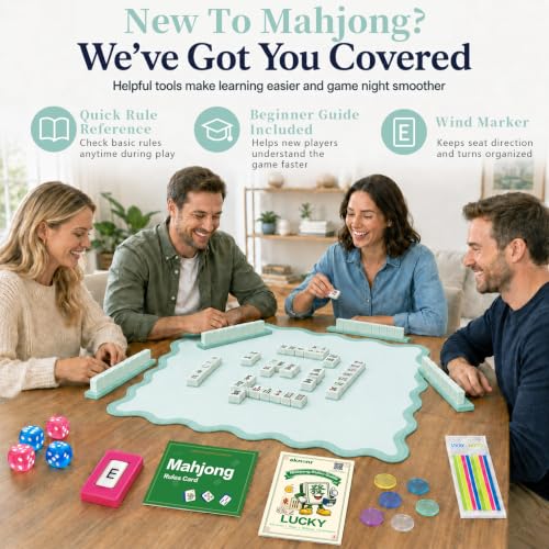 Complete Mahjong Mat Set, 32.4"x32.4" Green Scalloped Edge Table Cover, Non-Slip & Noise Reduction Gaming Mat with Carrying Bag, Rules, Chips, Wind Marker for Poker & Board Games - color: Green-set