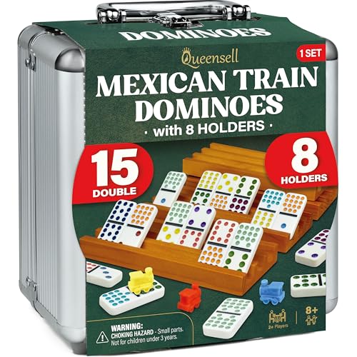 Queensell Mexican Train Dominoes Set Double 15 with 8 Holders - Wooden Hub and Tiles Holders - Double 15 with Dots (D15 + 8 Holders) - style: D15 + 8 Holders