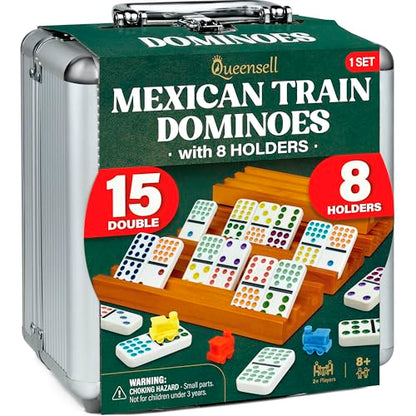 Queensell Mexican Train Dominoes Set Double 15 with 8 Holders - Wooden Hub and Tiles Holders - Double 15 with Dots (D15 + 8 Holders) - style: D15 + 8 Holders