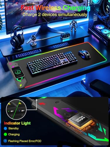 Magnetic Wireless Charging Mouse Pad Gaming, 31.5"x15.8" Large Desk Mat | RGB Mousepad, Smooth Glide, Stitched Edge, Non-Slip Rubber Base, Desk Pad Computer Keyboard Mat, No Adapter - color: RGB-31.5"x15.8"-Mag