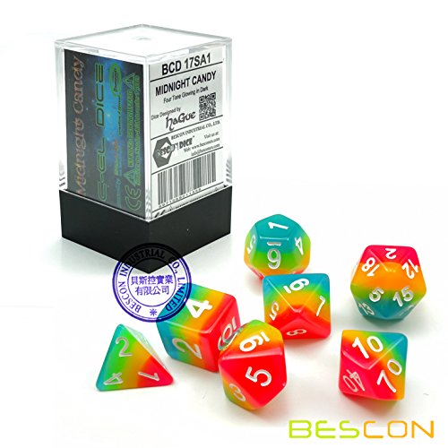 Bescon Fantasy Rainbow Glowing Polyhedral Dice 7pcs Set Midnight Candy, Luminous RPG Dice Set Glow in Dark, Novelty DND Game Dice d4 d6 d8 d10 d12 d20 d% in Brick Box - color: Midnight Candy