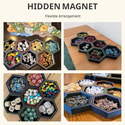 Magnetic Hex Board Game Trays, Modular Stackable Token Dice Trays (4-Pack) | Built-in Magnets, Flexible Combination, Stackable For Storage, Token & Dice Organizer, 4 Colors, Modular Design