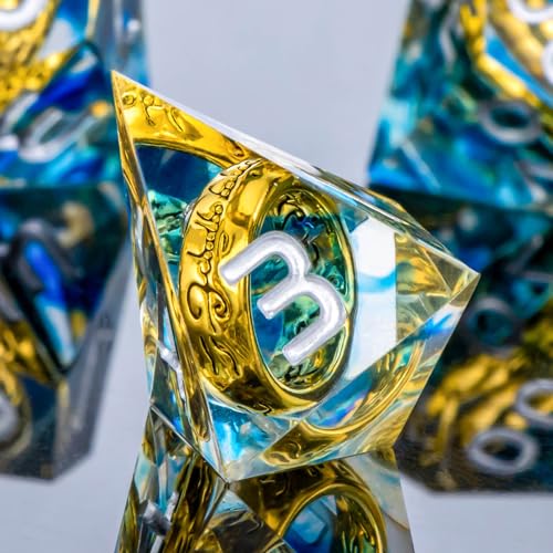 OUKELANWO Magic Lord Rings DND Dice Set with Box, 7Pcs Resin LOTR D&D Dice Set for Role Playing Game, Blue Dungeons Dragons D and D Sharp Edge Dice D20 D12 D10 D8 D6 D4 - color: Blue & White