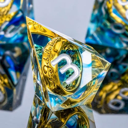 OUKELANWO Magic Lord Rings DND Dice Set with Box, 7Pcs Resin LOTR D&D Dice Set for Role Playing Game, Blue Dungeons Dragons D and D Sharp Edge Dice D20 D12 D10 D8 D6 D4 - color: Blue & White