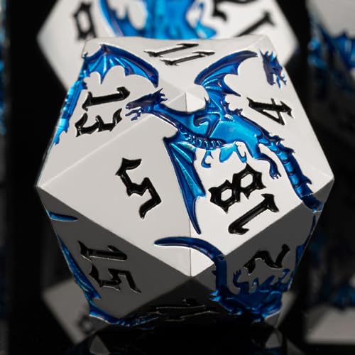 Metallic D&D Dragon Dice Set,Metal DND Polyhedral Dice with Dragon for Dungeons and Dragons RPG TTRPG D and D 7-Die Set with Gift Case (Dragon-Pearl Silver Transparent Blue) - color: Dragon-pearl Silver Transparent Blue