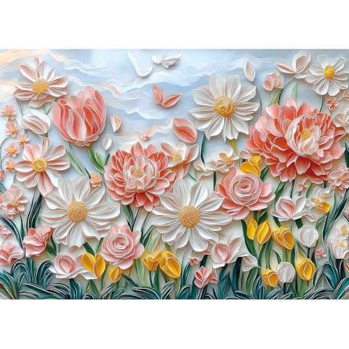 1000 Piece Flower Jigsaw Puzzle for Adults Clearance - Wildflower Floral Garden Puzzle with Peonies, Daisies & Butterflies, Pretty Art Puzzle for Family Leisure Activity, Stress Relief & Home Decor - color: Pink Wildflower