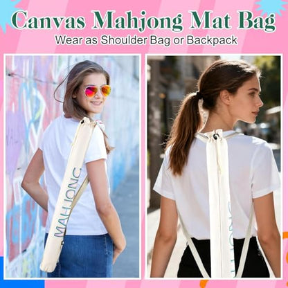 34 Inch Long Mahjong Mat Bag Cute Double Strapped Canvas Drawstring Mahjong Holder Lightweight Outdoor Carrying Bag for Board Games Travel Storage-Mat Not Include(Beige,1 Pc) - color: Beige, style: Soild