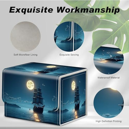 DEGDFSGR for TCG MTG Card Game Storage Box Organizer Trading Card Case Commander Deck Box Magnetic Closure Creative Pattern Up to 200 Cards, Moon Ship Blue Sea - color: Moon Ship Blue Sea