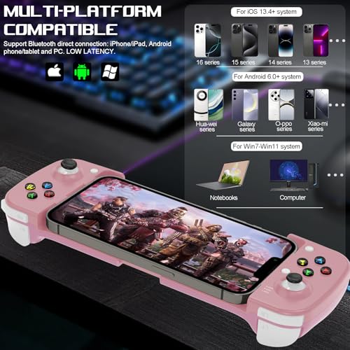 arVin Mobile Game Controller for Samsung Galaxy S23/S22/S21 Ultra, TCL, Tablet, Android Wireless Gamepad for iPhone 15/14/13/12, iOS, iPad, MacBook, PC Gaming Joystick with Back Button, Direct Play - color: Pink