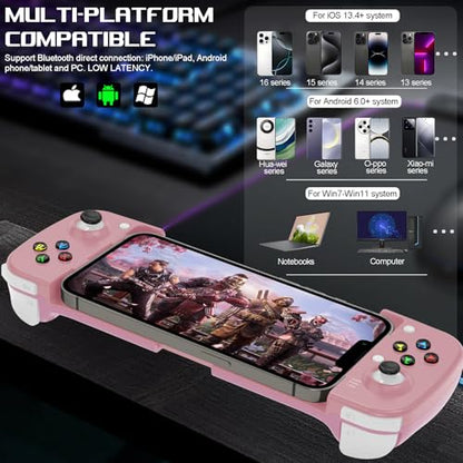 arVin Mobile Game Controller for Samsung Galaxy S23/S22/S21 Ultra, TCL, Tablet, Android Wireless Gamepad for iPhone 15/14/13/12, iOS, iPad, MacBook, PC Gaming Joystick with Back Button, Direct Play - color: Pink