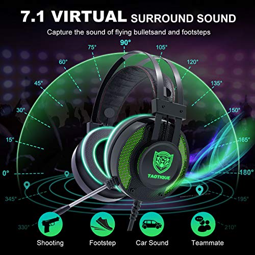 PS4 Gaming Headset, 7.1 Surround Sound Game Headset for Xbox One Noise Cancelling Gaming Headphones with Mic, Ergonomic Soft Earmuffs and LED Light for PC, Laptop - Green