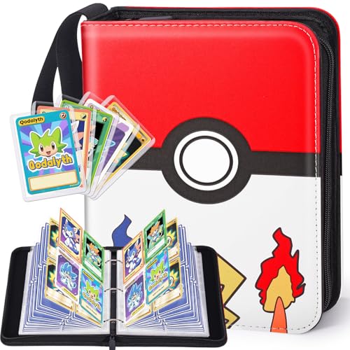 Card Binder – 4 Pocket Zipper Collection Album, Premium PU Holder, Double-Sided Display for 400 Cards, Includes 5 Hard Plastic Sleeves for Game Cards, Sports Cards（Cartoon Stickers） - color: Cartoon Stickers, size: 4-Pocket