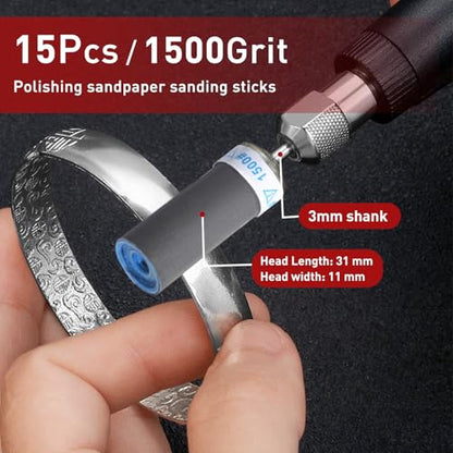 1500 Grit Sanding Drums Sandpaper Sticks Set for Dremel Rotary Tool with 1/8" Shank,15 Pcs Sanding Drums Accessories Dry/Wet Abrasive Cylinders for Wood/Metal Rust Removal/Jade Polishing - size: 1500 Grit
