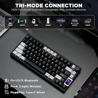 YUNZII AL80 75% Wireless Aluminum Mechanical Keyboard(Black, Cocoa Cream) | QMK/VIA, Smart LCD Display and Knob, Hot Swap, Gasket Structure, BT/2.4G/USB-C, RGB Keyboard for Gaming/Win/Mac - color: Black, size: Cocoa Cream V2 Switch