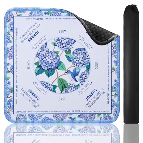 TIASUSAN American White Mahjong Learning Mat (33” x 33”) with Black Carrying Bag, Anti-Slip, Noise-Reducing Mahjong Mat for Table - color: White and Blue