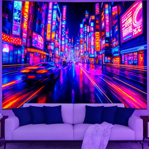 KKYEJLQYI Glow Tapestry 78.7 x 59.1 Inches, Cyberpunk Neon City Glow in the Dark Tapestry, UV Reactive Fluorescent Wall Hanging for Bedroom Living Room Decor(City-1) - color: City-1