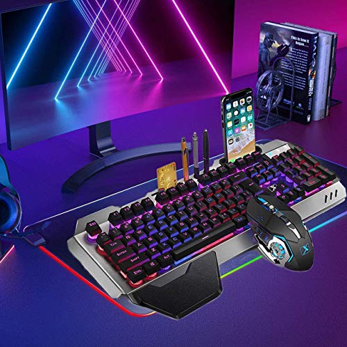 Wireless Membrane Gaming Keyboard and Mouse with Rainbow LED Backlit-Purple | Rechargeable 4800mAh Battery,Metal Panel,Ergonomic,Waterproof,Dustproof,7 Color Mute 2400 DPI Mice for Computer PC Mac Gamer - color: Purple Mixed