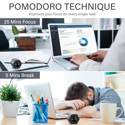 Rotating Pomodoro Timer 5, 25, 10 30,60 Mins Preset Stopwatch, Desk Flip ProductivityTimer, ADHD Tool Hexagon, Vibration/Mute/Alarm, for Work, Study, Back to School, Kitchen, Black - color: Black