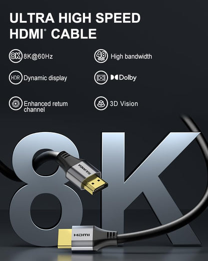 Certified Ultra High Speed HDMI Cable 3.3ft(1m) 48Gbps, Supports 8K@60Hz 4K@120Hz 2K@144Hz HDR10+ eARC HDCP2.3 Compatible with Xbox Series X/S,PS5,TVs,Monitors,Projectors，Home Theater System