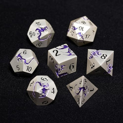 Metal Dice Set,7-Piece Dragon Dice for DND and RPGs,Silver Purple | Heavy zinc alloy polyhedral dragon dice with easy-to-read numbers and a magnetic gift box for fantasy tabletop RPG games. - color: Matte Silver With Purple