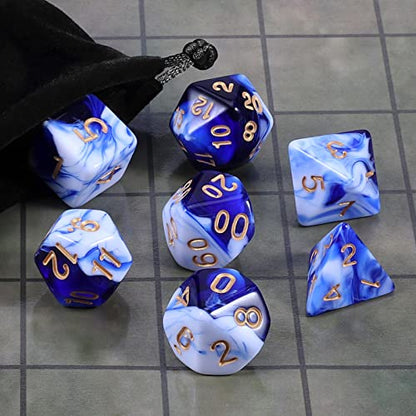 CiaraQ 7pcs Polyhedral Dice Set for Dungeon and Dragons MTG Table Games | Acrylic Role Playing Dice for D&D with Black Velvet Bag – Blue & White Marble Swirl with Gold Numbers - color: Blue & White Marble Swirl With Gold Numbers