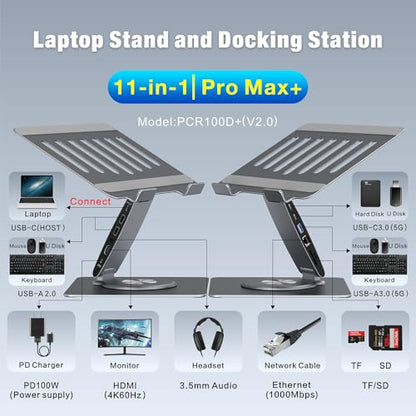 Adjustable Laptop Stand for Desk with Docking Station 11-in-1, Aluminum Laptop Riser with USB Hub 360°Swivel Dual Display 4K60Hz HDMI Gigabit Ethernet USB3.0 PD100W for MacBook Pro Air/Dell/HP 7-15.6" - size: 11-in-1 Hub Laptop Stand
