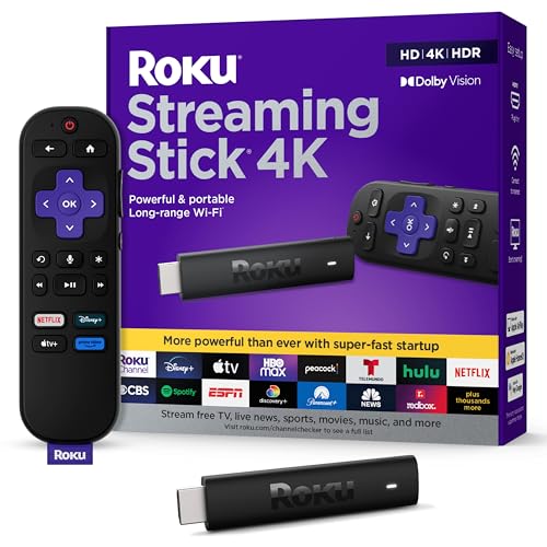 Roku Streaming Stick 4K with Voice Remote - HDR10+ & Dolby Vision | Compact 4K Streaming Device for TV with Roku Voice Remote & Long-Range Wi-Fi - Free & Live Local News, Sports - style: 4K + Dolby Vision