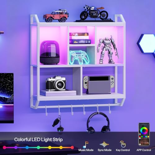 HOOBRO Gaming Floating Shelves with LED Lights, 28.7" LED Wall Mounted Shelf, 3-Tier Display Rack for Wall Storage, Floating Rack with Hanging Rod and 6 S-Hooks, for Gaming Room, White WT70DBJ01 - color: White