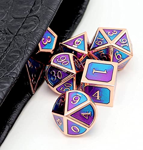 Haxtec Metal DND Dice Set, 7 Pcs Blue-Violet Polyhedral Dice for RPG | Copper DND Dice with Leather Bag, Compatible with Dungeons and Dragons, Heavy Metallic, Mermaid, D&D Gifts for Table Games - color: Copper Blue Purple