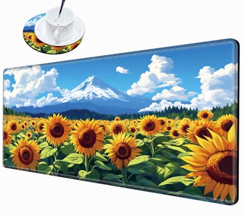 Gaming Mouse Pad Large Mousepad Sunflower Desk Mat XXL Desk Pad 31.5''x15.75'' Computer Mat with Stitched Edge Rubber Base for Work Women Home Office - color: Sunflower Mountain, size: 31.5''x15.75''