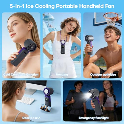Portable Handheld Fan with Ice Cooling, 199 Levels Stepless Speed, 20H Long Battery Life, 20000RPM Turbo Fan Rechargeable Personal Mini Fan for Travel, Outdoor, Makeup (Grey) - color: Grey