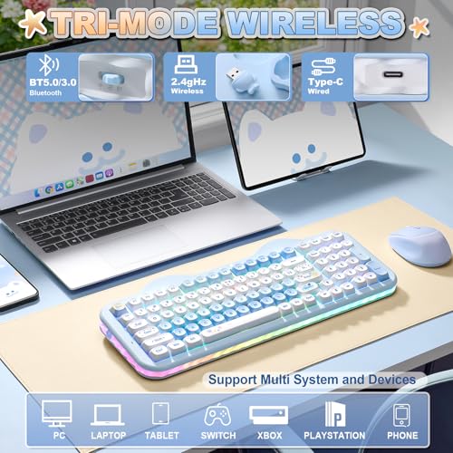 YUNZII C98 Wireless Mechanical Keyboard with Number Pad,98 Key BT5.0/2.4G/USB-C Hot Swap Gasket Mount with PBT MOA Keycaps,Custom RGB,Cute Cake Keyboard for Win/Mac (Blue, Candy Linear Switch) - color: Blue, size: Candy Linear Switch