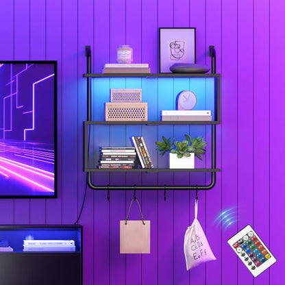 HOOBRO Floating Shelves with LED Lights, 29.5" LED Wall Mounted Gaming Shelf, 3-Tier Pipe Display Rack with Hanging Rod and 4 S-Hooks, for Storage Livingroom, Bedroom, Kitchen, Black BB21DBJ01 - color: Black